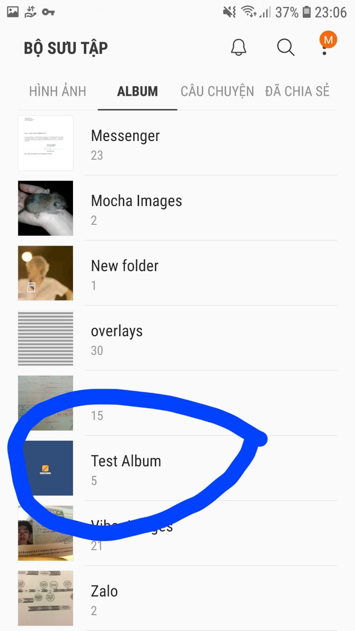 Dưới tác dụng của NativeGallery, file được lưu vào 1 album khởi tạo tên "Test Album" (được đánh dấu xanh)